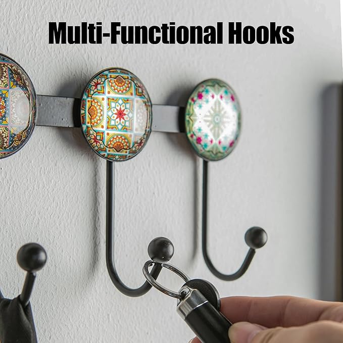 Boho Coat Rack Wall Mounted with 5 Hooks, Forest Theme Mandala Pattern Decorative Wall Hooks for Hanging Hat, Key, Towel, Purse, Bag, and Robe - for Entryway, Bathroom, and Kitche