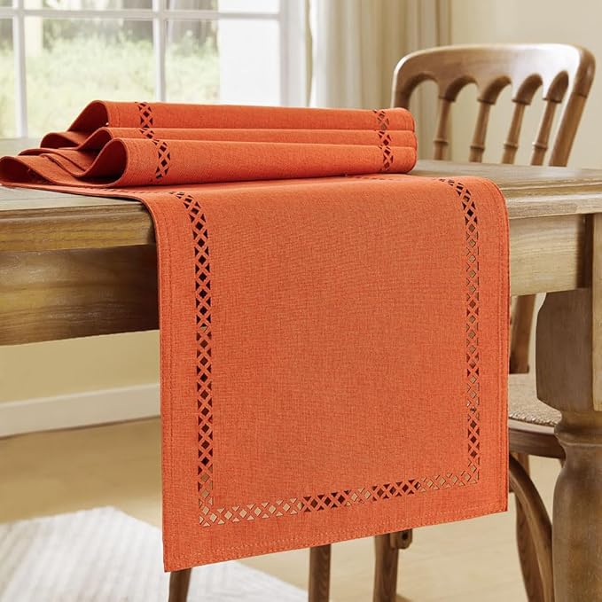 Fall Table Runner Decorations, Burlap Style Farmhouse 13 x 60 Inch Orange Table Runner, Rustic Geometric Hollow Table Runners 60 Inches Long for Autumn Thanksgiving Decorations, 13x60 Inches, Orange
