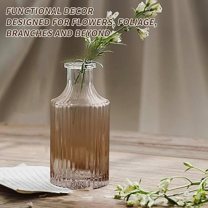 KUAGUINZUHE 12 Pcs Glass Bud Vase Set, Small Translucent Amber Vintage Flower Vases for Wedding Centerpieces in Bulk, Mini Embossed Vases for Home Table Decor, Party, Baby Shower Decorations