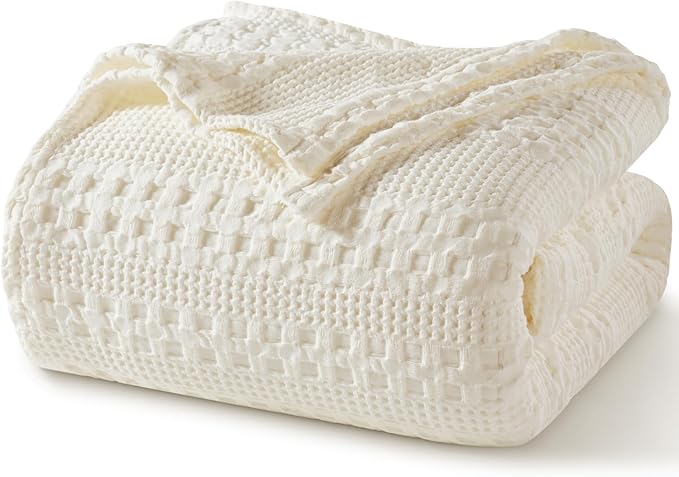 PHF 100% Cotton Waffle Weave Blanket Queen Size for Bed, Soft Lightweight & Breathable, All-Season Comfort, 300 GSM Luxury Aesthetic Blanket for Home Decor, 90"x90", Ivory