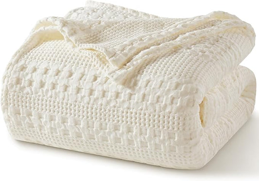 PHF 100% Cotton Waffle Weave Blanket Queen Size for Bed, Soft Lightweight & Breathable, All-Season Comfort, 300 GSM Luxury Aesthetic Blanket for Home Decor, 90"x90", Ivory