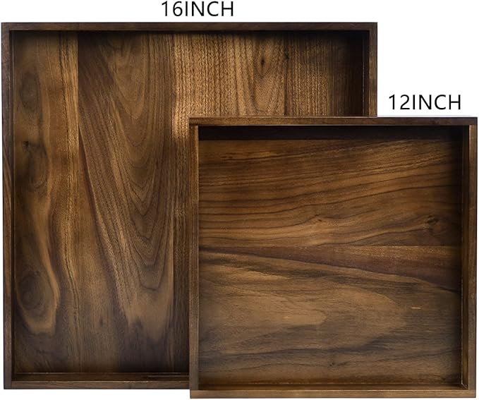 16 x 16 inches Large Square Ottoman Tray Solid Black Walnut Table Platter Decorative Wooden Serving Tray with Handle for Oversized Ottoman Home Breakfast in Bed Tea Coffee