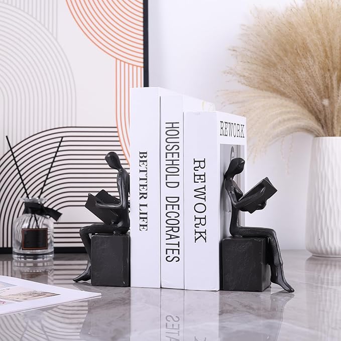 Reading Couple Bookshelf Decor Bookends Set of 2, Cast Iron Bookend for Office Desk, Living Room, Bedroom, Home Decorative Book Lovers Gifts (Reading Bookends)