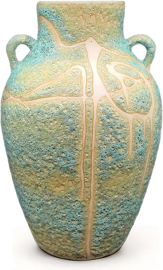 Large Ceramic Flower Vase, 9.8 Inch Tall Rustic Farmhouse Table Vase with 2 Handles, Handcrafted Glaze Textured Home Décor for Living Room, Bedroom, Bookshelf, Mantel, or Office