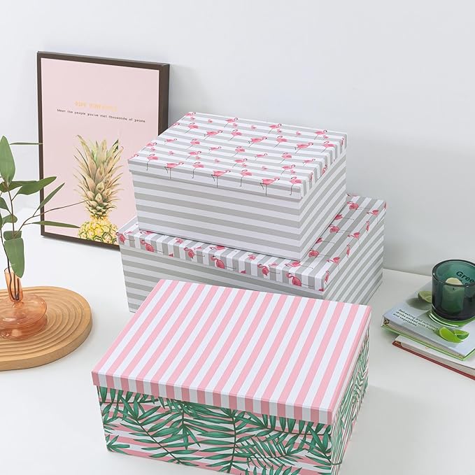 Soul & Lane Decorative Cardboard Storage Boxes with Lids for Home Decor and Organization, Set of 3 Large Keepsake Boxes for Memories & Gifts, Nesting Floral Photo Storage Containers, Tropical