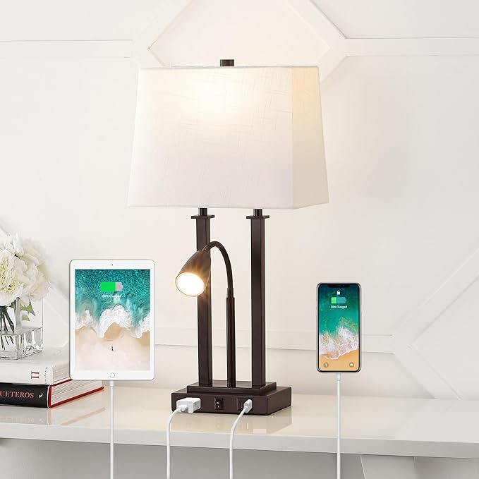JONATHAN Y JYL1144A Blaire 23.75" 2-Light Modern Farmhouse Metal LED Table Lamp with USB Charging Port for Bedroom, Living Room, Office, Adjustable Reading Light and AC Outlet, Oil Rubbed Bronze