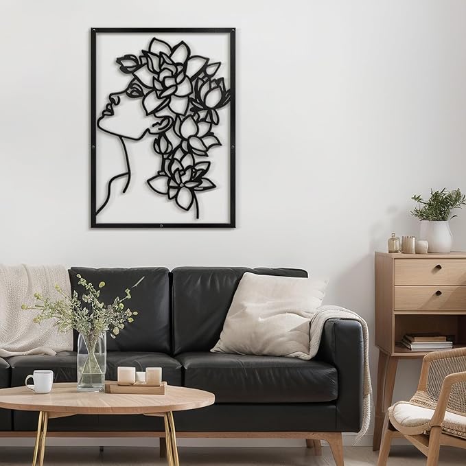 SIGNLEADER Metal Wall Art Decor Flowers Head Woman Modern Abstract Wall Sculpture Hangings Home Decoration for Living Room, Bedroom, Bathroom, Kitchen, Outdoor - 18" Black