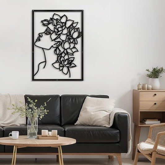 SIGNLEADER Metal Wall Art Decor Flowers Head Woman Modern Abstract Wall Sculpture Hangings Home Decoration for Living Room, Bedroom, Bathroom, Kitchen, Outdoor - 18" Black