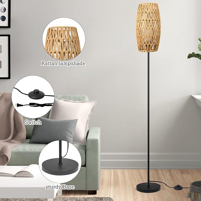 Floor Lamp for Living Room,Farmhouse Floor lamp,Modern Standing lamp with Hand-Worked Rattan Shade (Drum Rattan Shade Black Body Color-3 Color Bulb)