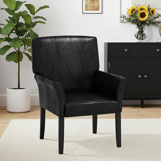 POWERSTONE Executive Accent Chair, PU Guest Chair Armchair with Wood Legs 5.5in Thick Cushion for Reception Waiting Room Living Room Single Sofa for Home Theater, PU Black