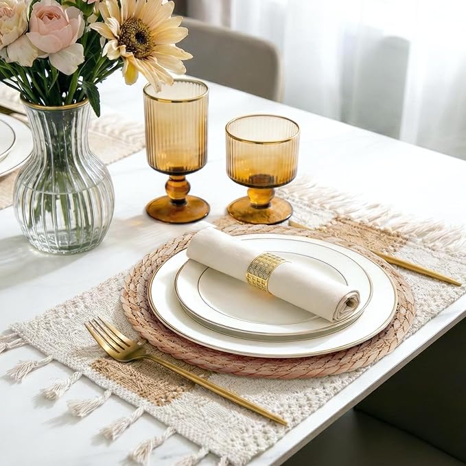 Boho Placemats Set of 16-8pcs 11.8 in Round Woven Rattan Place Mats & 8pcs 11.8” x 17” Cotton Braided Placemat for Dining Table Decor, Rustic Farmhouse Wicker Dinner Charger Plates Heat Resistant