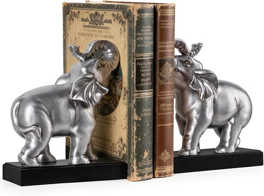 Elephant Book Ends Decorative, Bookends for Shelves, Book Ends for Heavy Books with Anti-Slip Pad for Book Lovers Heavy Book Holder for Home Office Decor (Silver)