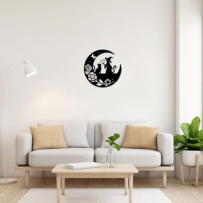 GlintHome Cat Metal Wall Art Decor Moon and Cat Witch Black Wall Hanging Decor Silhouette Wall Art for Home Bathroom Bedroom Living Room Kitchen Office Garden Hotel Wall Decoration