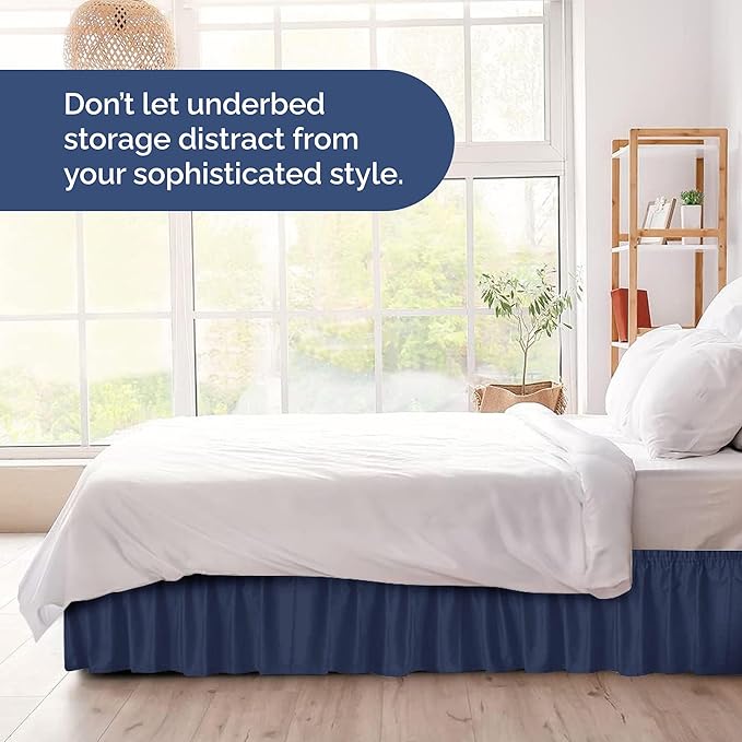 Wrap Around Dust Ruffle Bed Skirt - Navy Blue - for King Size Beds with 21 Inch Drop - Elastic Strap - Adjustable Pleated Bedskirt with Brushed Fabric and Wrinkle Free - for Women, Men, Kids & Teens