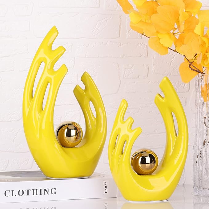 9.5"H Yellow Gold Aesthetic Room Decor Accent, TV Stand Funky Table Centerpiece, Abstract Art Ceramic Statue and Sculpture, Yellow Decor for Living Room, Bookshelf Decorative Objects, Shelf Decor