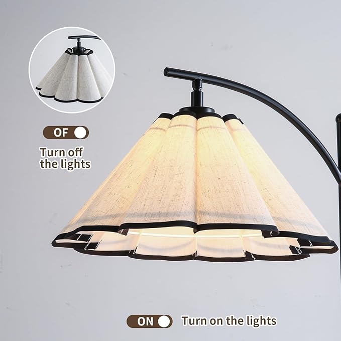 Omlaamy Floor Lamp with Pleated Linen Lampshade, Modern Flower Floor Lamp for Living Room Arc Standing Lamp, Gold Tall Lamp for Bedroom Office Dining Room, Bulb Included (Black + Black, 66.14IN)
