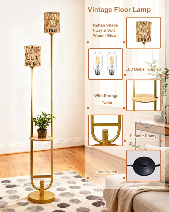 Lightdot 63IN Gold Floor Lamp with 2 Rattan Shades Mid Century Standing Lamps with Warm White LED Bulbs, Unique Vintage Tall Floor Lamp for Living Room/Wedding/Party