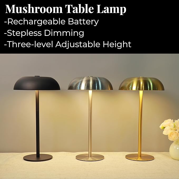 Portable Mushroom Table Lamp with 5200mAh Battery, Cordless LED Night Light with Stepless Dimming, 3 Color Modes & Adjustable Height for Bedroom, Patio, Bar Decor and Coffee Shop (Silver-Tall)