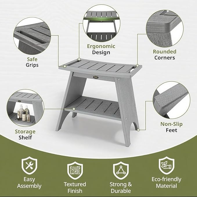 Shower Benches for Inside Shower, Shower Stool for Shaving Legs, 500lbs Shower Chair with Space-Efficient Storage Shelf, Waterproof Shower Seat for Spa Bathroom, Indoor or Outdoor Use(Grey)
