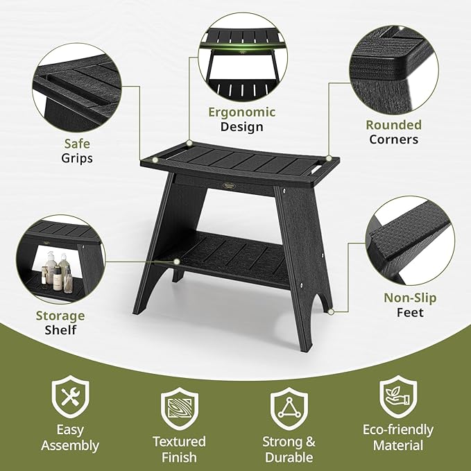 Shower Benches for Inside Shower, Waterproof HDPS Shower Stool for Shaving Legs, 500LBS Heavy Duty Shower Chair With Storage Shelf, Waterproof Shower Seat for Bathroom, Elderly, Indoor, Outdoor, Black