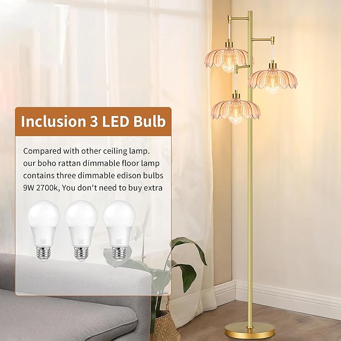 ZECOXOL Gold Floor Lamps for Living Room 3 Lights Floor Lamp with Glass Lampshape & Three Led Bulb,Mid Century Standing Lamp Vintage Brass Tall Lamp Tree Floor Lamp for Bedroom Corner