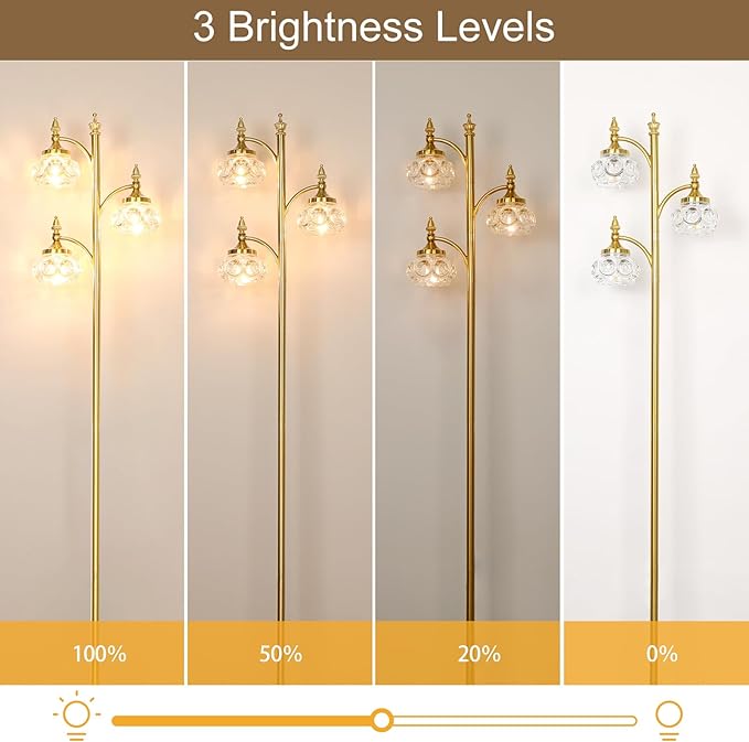 JUNNAI Gold Floor Lamp, Dimmable Tree Floor Lamps for Living Room Brass Tall Standing Lamp with 3 Rotatable Lights Glass Shade 66.5'' Modern Corner Lamp for Bedroom Office(3LED Bulbs Included)