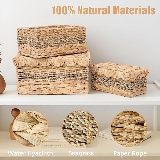 Wicker Storage Baskets with Lids Natural Handmade Scalloped Rattan Box Decorative Bohemian Removable Tray Lid Handles Water Hyacinth Seagrass Paper Rope Woven Bins Container (Small)