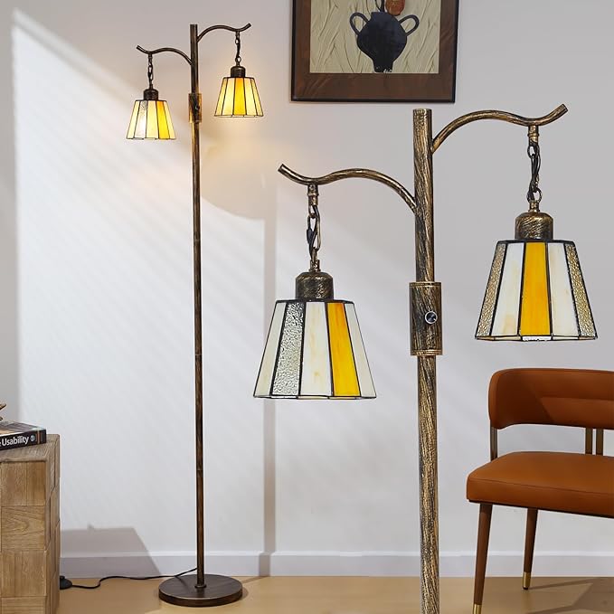 Asmymhd Vintage Dimmable Floor Lamp, Tiffany Standing Lamp with 2 Stained Glass Shades, Rustic Farmhouse Floor Lamp with Bronze Finish for Living Room Bedroom