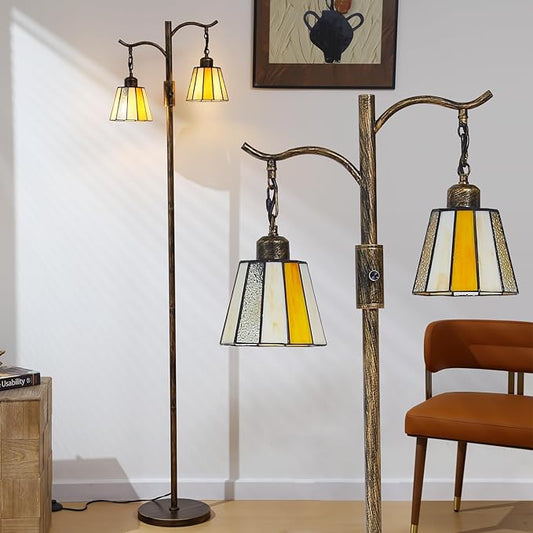 Asmymhd Vintage Dimmable Floor Lamp, Tiffany Standing Lamp with 2 Stained Glass Shades, Rustic Farmhouse Floor Lamp with Bronze Finish for Living Room Bedroom