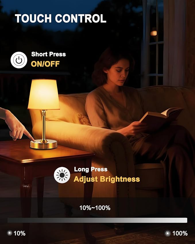 Small Cordless Lamp, Dimmable Rechargeable Table Lamp, 5400mAh Battery Operated, Portable Gold Touch Desk Lamp for Bedside, Kitchen, Counter, White Fabric Shade, E14 2700K Bulb Included