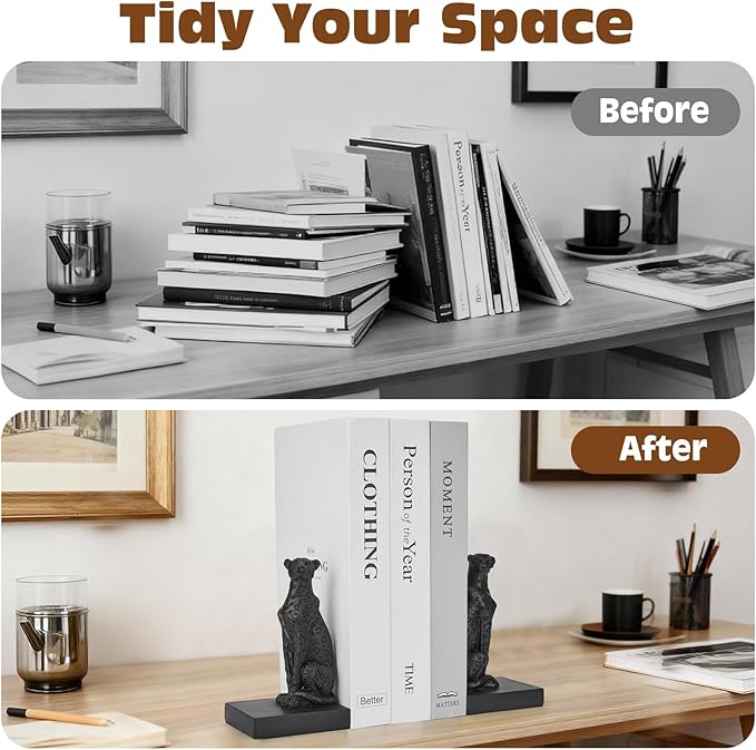 Black Cheetah Bookends, Book Ends for Shelves to Hold Books Heavy Duty, Creative Resin Book Holders for Home Farmhouse Shelves Office Lover Gift