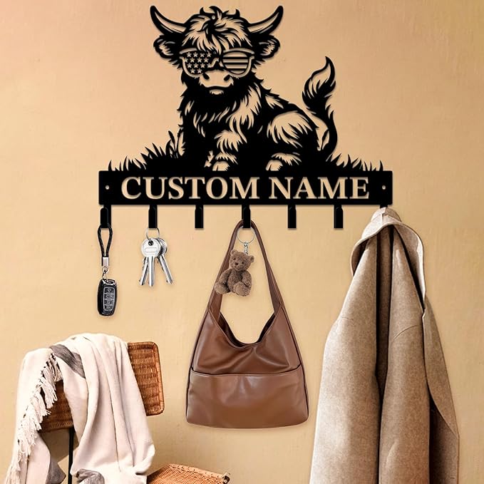 magilab Personalized Custom Highland Cow Wall Hooks,Metal Highland Cow Art Clothes Hooks,Metal Highland Cow Wall Home Storage Decorative,for Front Door, Hallway, Kitchen, Bedroom,Keys,Hats (Style F)