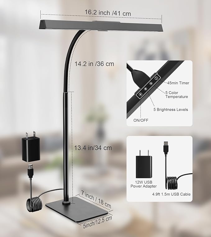 LED Desk Lamp for Home Office with Base, Eye-Caring Architect Task Light with Adjustable Gooseneck 12W USB Adapter Touch Control 5 Dimmable Brightness & Color Tall Lamp for Reading, Craft