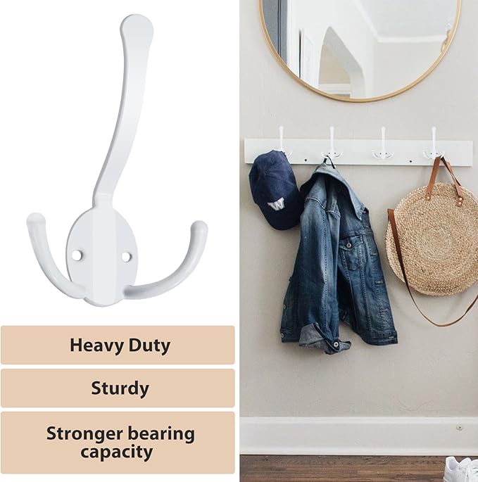 10 Pack Coat Hooks Heavy Duty, Metal Three Prongs Large Coat Hooks Wall Mounted with 20 Screws, No Rust White Rustic Wall Hooks for Hanging Towel, Coat, Scarf, Bag, Hat, Cup, Key