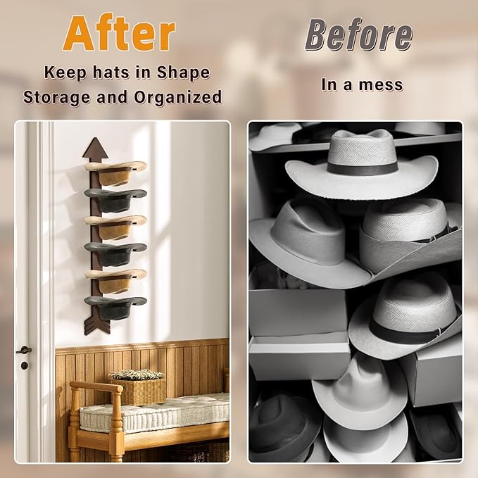 Cowboy Hat Rack Wall Mount, Solid Wood Arrow Design 6 Pieces, Cowboy Hat Holder, Western Decor, Hat Organizer Storage, Hat Hanger Hook for Entryway Closet, Walnut