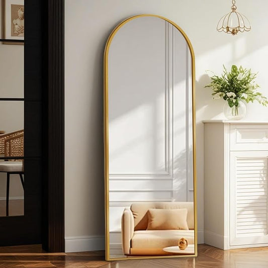 Full Length Mirror with Stand, Gold Arched Full Body Mirror, Aluminum Alloy Thin Frame - Freestanding/Leaning/Wall Mount for Bedroom, Living Room & Entryway