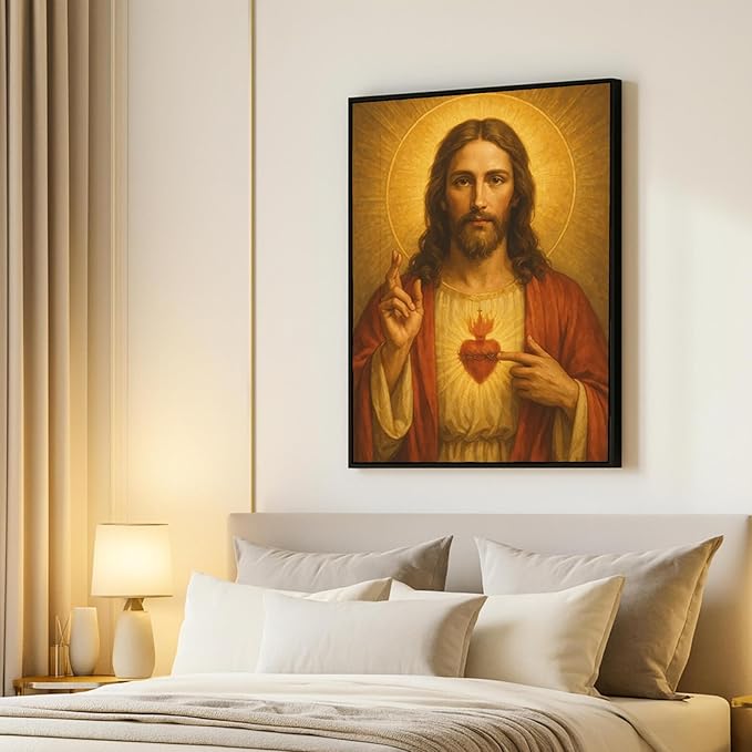 Framed Sacred Heart of Jesus Canvas Wall Art Divine Mercy Wall Decor Jesus Portrait Painting Christian Religious Artwork Catholic Poster Prints for Bedroom Living Room Prayer Room Church 12x16in