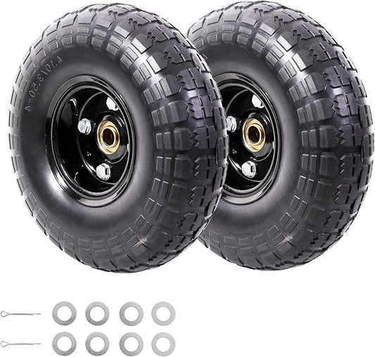 MZREXN 2-Pack 10" Flat Free Solid Tires 4.10/3.50-4 Tire and Wheel, with 5/8" Axle Bore Hole, 2"-2.2" Offset Hub, for Hand Truck, Garden Cart,Trolleys, Yard Trailers, Utility Cart, Black