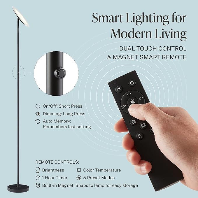 Slothology Skylight LED Floor Lamp, 3200LM, 71" Modern Torchiere in Zen Black, Stepless Dimming, Remote & Touch Control, Bright Light for Living Room or Bedroom, Weighted Base