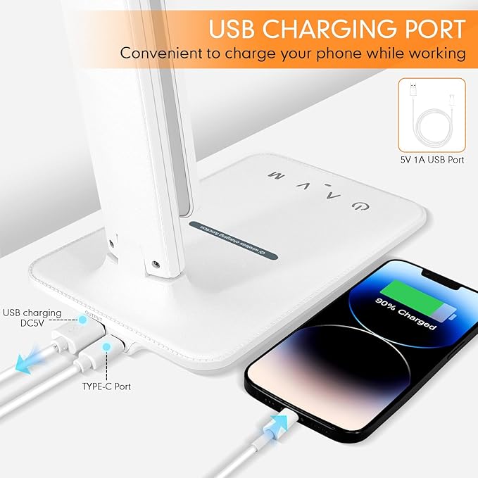 LED Desk Lamp for Office Home, Bright Desk Light with USB Charging Port, Adjustable Dimmable Desk Lamps 5 Modes 5 Brightness, Touch Study Lamp for Nail, Craft, Puzzle, Sewing, Study, White Pro
