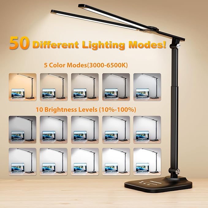 LED Desk Lamp for Office Home, Height Adjustable Architect Desk Light with USB Adapter, Stepless Dimming Desk Lamp Light for Reading, Study, Workbench