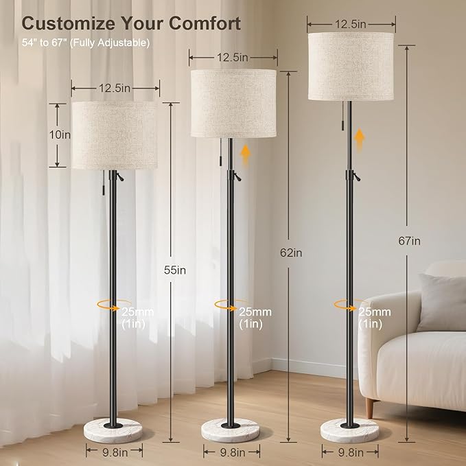 FUNNYBEHOM Floor Lamp for Living Room - Adjustable Height Standing Lamp with Marble Base & Linen Shade - Tall Pole Floor Light with 3 Color Temperatures Bulb for Bedroom, Reading - Easy Assembly