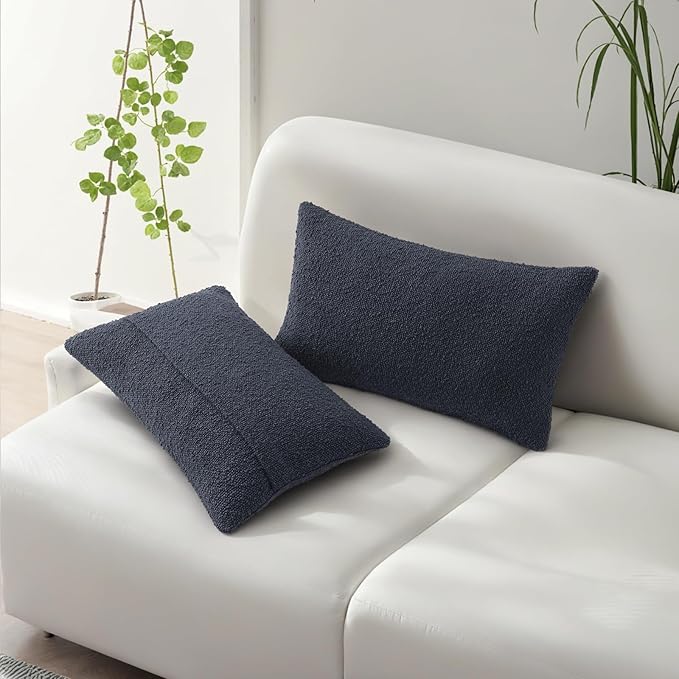 HAUSSY Set of 2 12x20 Decorative Throw Pillow Covers, Soft Cozy Textured Boucle Lumbar Pillow Cases, Home Decor for Couch Bed Living Room, Navy Blue