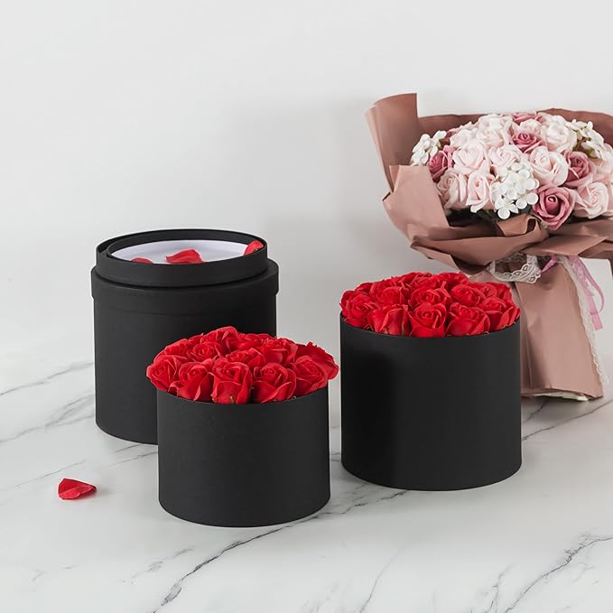 Soul & Lane Gift Boxes with Lids – Set of 3 Circular Boxes for Flowers, Bouquets & Arrangements, Black Cardboard Cylinder Gift Box Set for Roses, Décor and Special Presentations, Paper Mache Design