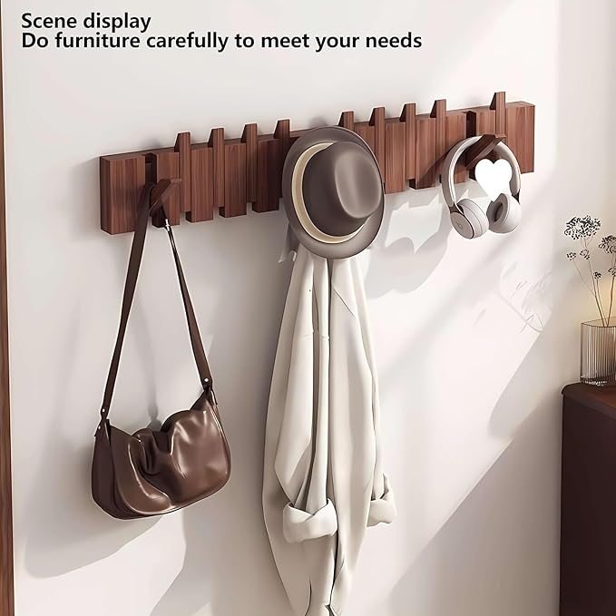 Wall Mounted Coat RackHooks Piano Key Hangers Natural Solid Wood Hanger Non-Woven Fabric Clothes Hangers for Closet, Kitchen, Bedroom, Bathroom, Entryway (Walnut, 6 Hooks)