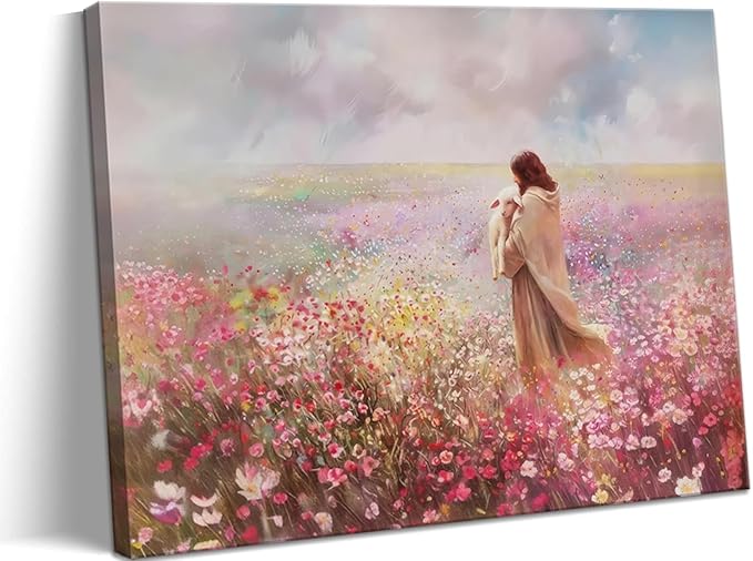 Jesus Embraces Lamb Canvas Wall Art, Pink The Lost Lamb Christian Wall Decor Paintings, Jesus Leaves the 99 Sheep Bible Stories Posters Prints for Church Living Room Bedroom 16x24 Inch Framed