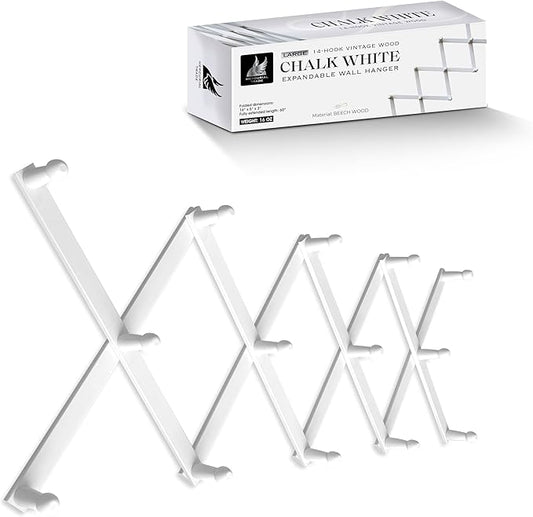 Expandable Wooden Coat Rack Hanger - Large Accordion Hanger with Expanding Pegs | Hand Made Modern Wooden Hat Rack for Wall | Hang Coat, Jacket, Hat | Wall Rack – 14 Hook, Chalk White