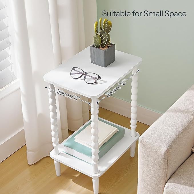 HOOBRO End Table, 2-Tier Small Side Table with Spindle Legs, Nightstand with Storage Shelves, Sofa Side Table, for Living Room, Bedroom, Small Space, White WT189BZ01