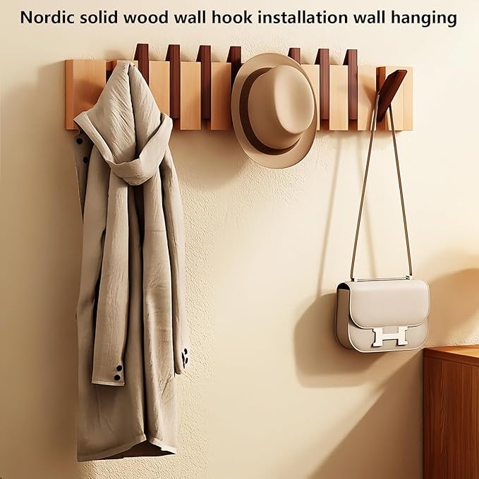 Wall Mounted Coat RackHooks Piano Key Hangers Natural Solid Wood Hanger Non-Woven Fabric Clothes Hangers for Closet, Kitchen, Bedroom, Bathroom, Entryway (Walnut-Beech, 8 Hooks)