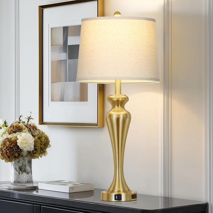 30 Inch Gold Single Table Lamp, 3-Way Dimmable Touch Control Bedside Lamps with USB A+C Ports and AC Outlet, Metal Brass Bedroom Lamps for Night stand, Modern Tall Lamp for Living room end table